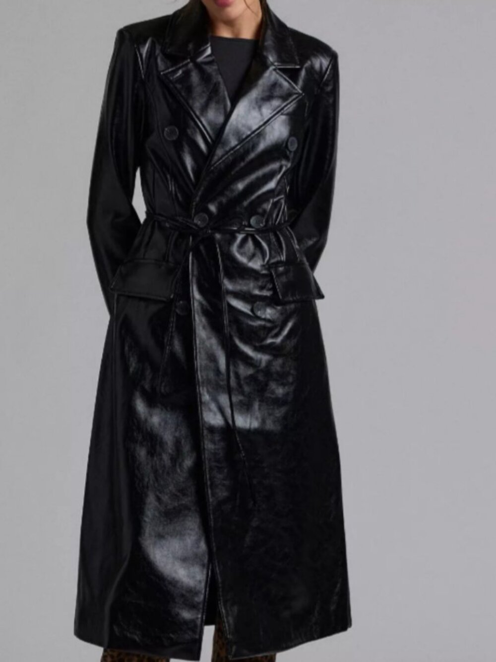 Avec Les Filles Glazed Faux Leather Belted Trench Coat